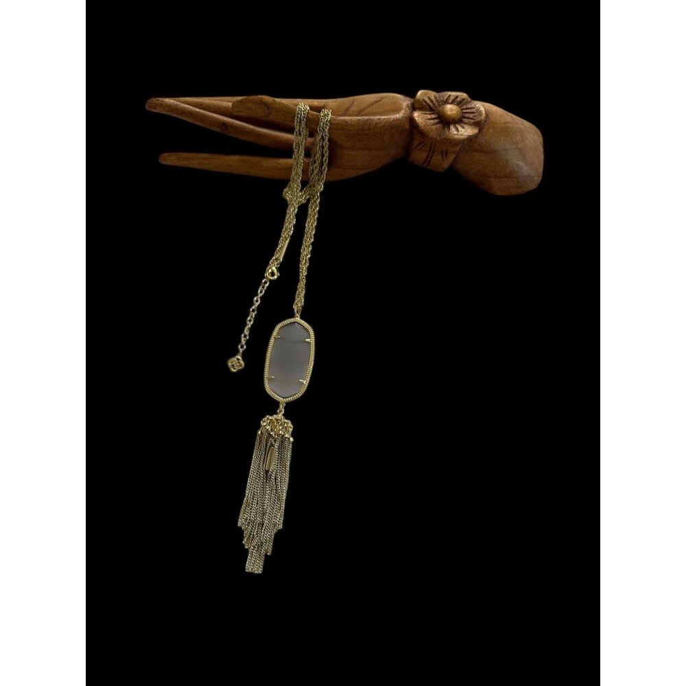 Kendra Scott Rayne Necklace 14k Gold Plated Brass Slate Cats Eye Pendant Tassel - Picture 2 of 13